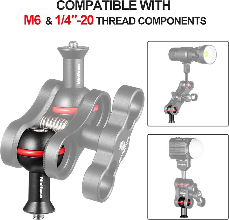 MINI FOCUS 1" Ball Adapter with M6 & 1/4" Threaded Stud, Aluminum Alloy Fixed Ballhead Mount Adapter for Action Camera & Camcorder Compatible Underwater Tray Bracket Flashlight System - Image 2
